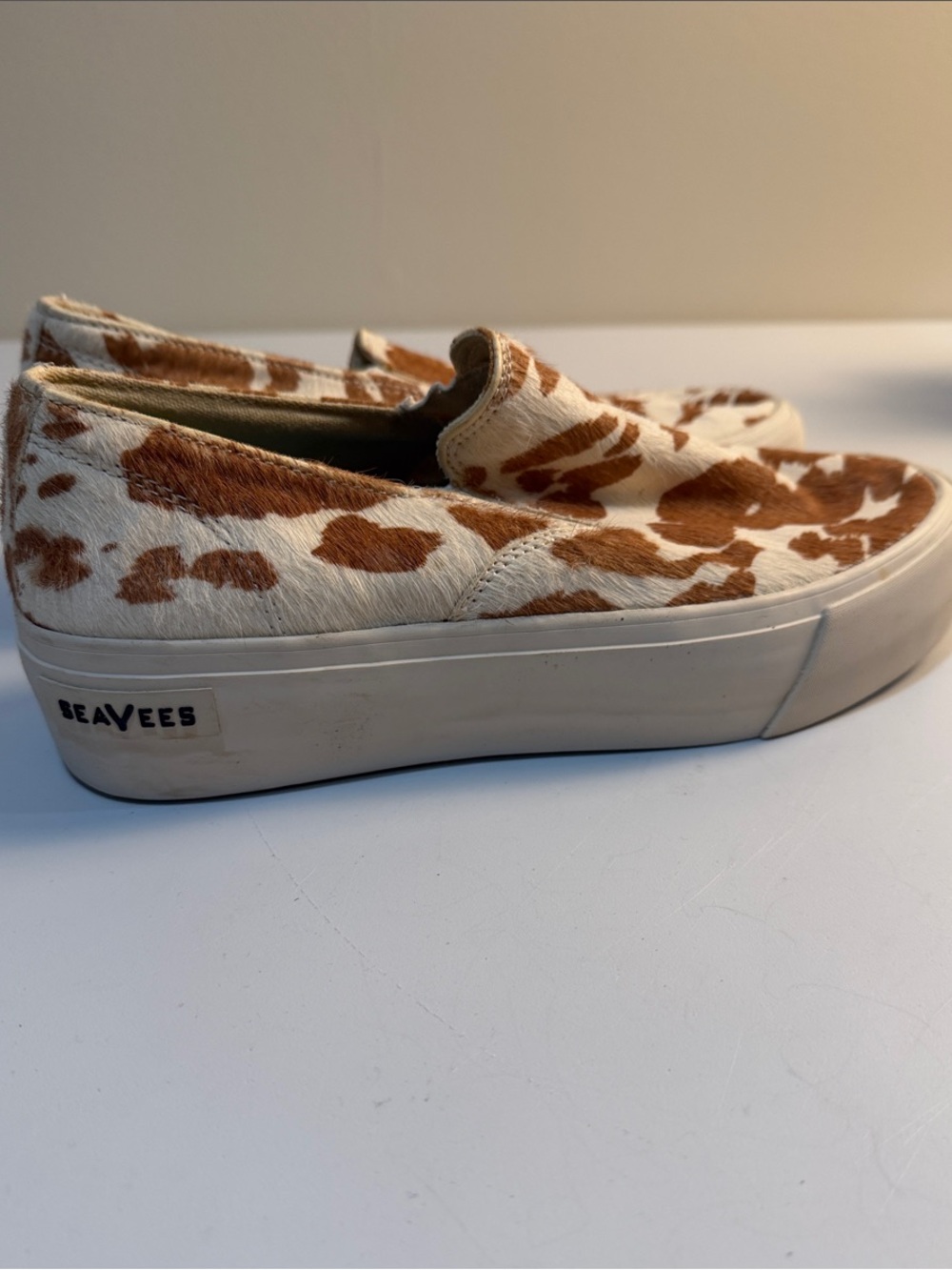 SeaVees Women's Slip-On Sneakers in Brown and White Cowhide Print 7.5